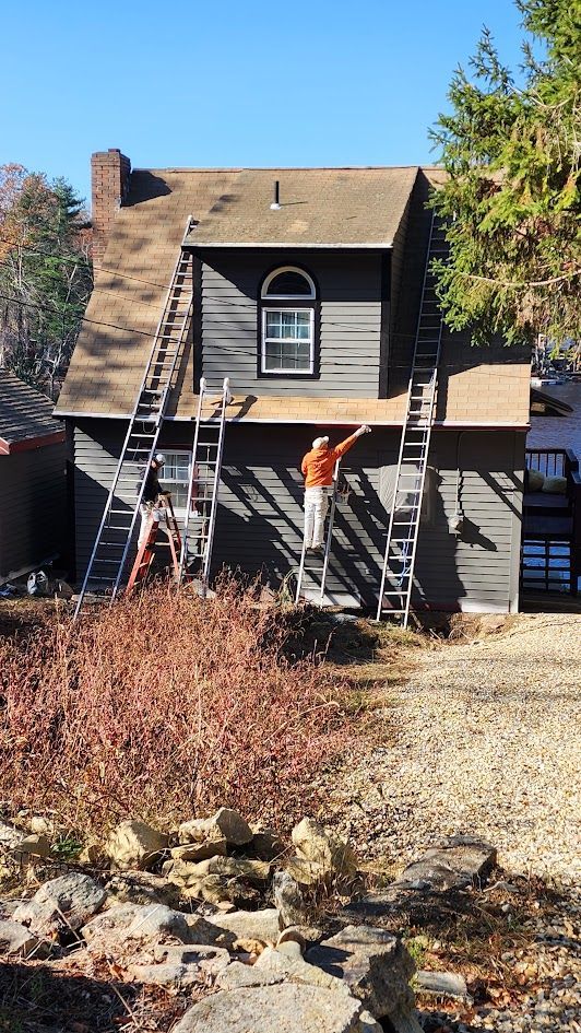 Workers on ladders painting a dark house exterior with a tan roof and white trim.