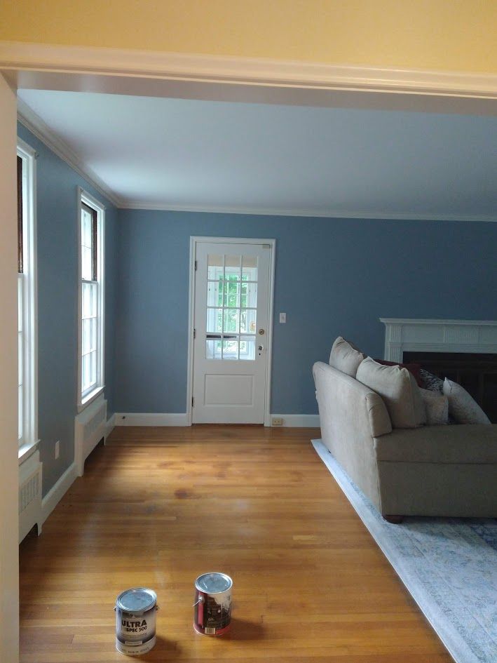 Blue living room with hardwood floor, white door, gray sofa, and two paint cans on the floor.