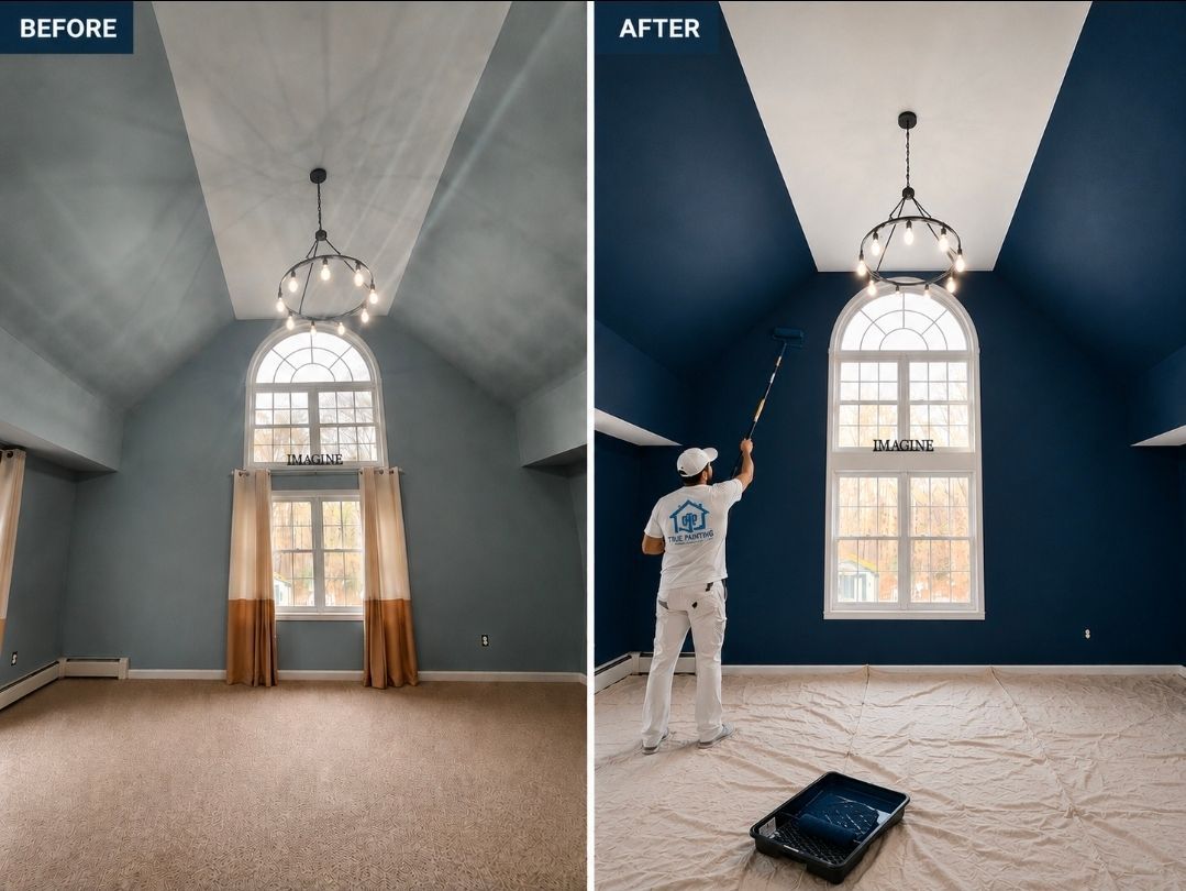 Before-and-after of a room repaint: gray walls become dark blue while a worker paints near a tall arched window.