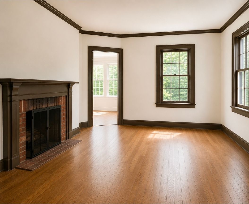 Empty living room with hardwood floors, fireplace, and three windows letting in natural light