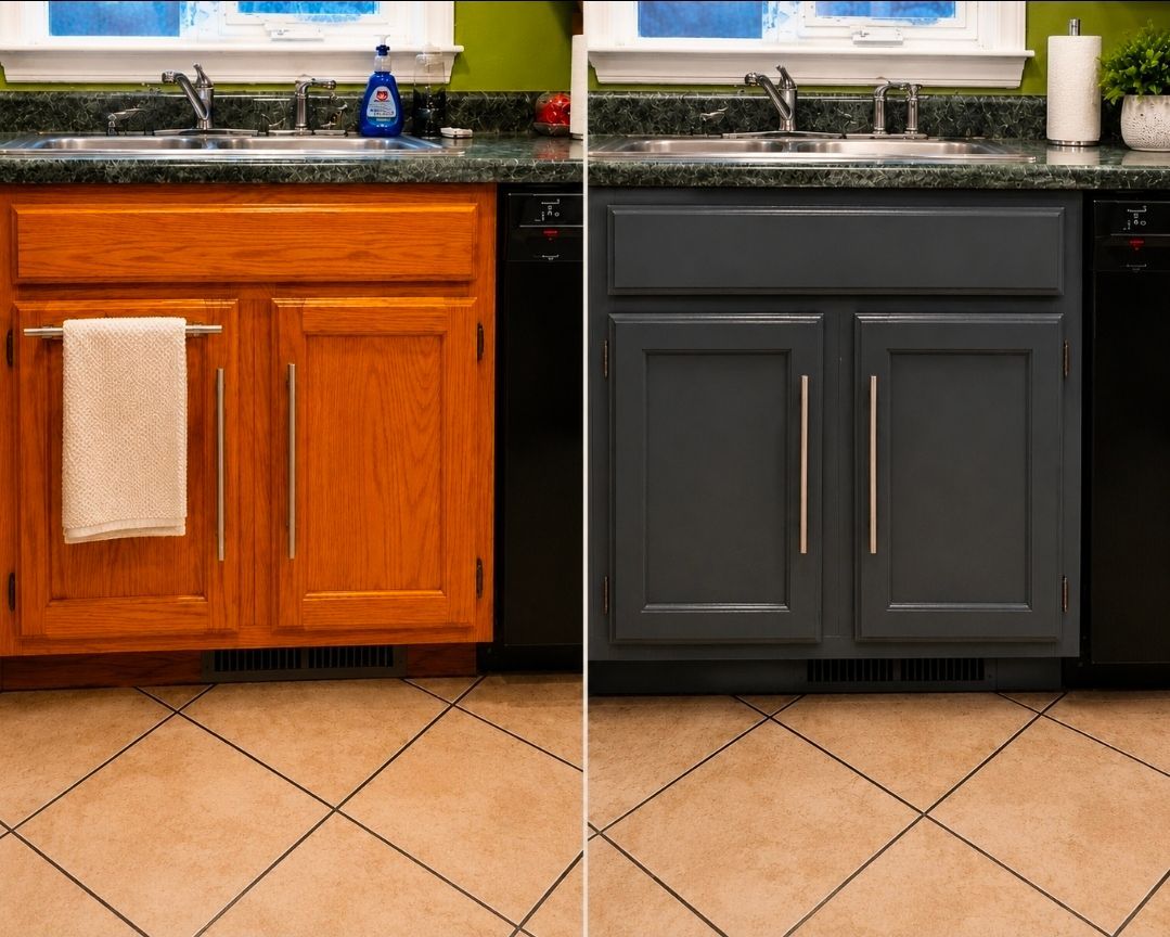 Split view of a kitchen cabinet before and after painting: warm wood on left, dark gray on right.