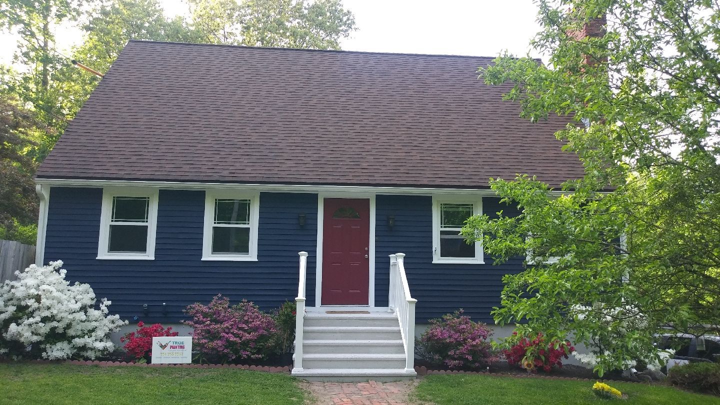 Small blue house with white trim, red door, and front steps surrounded by greenery
