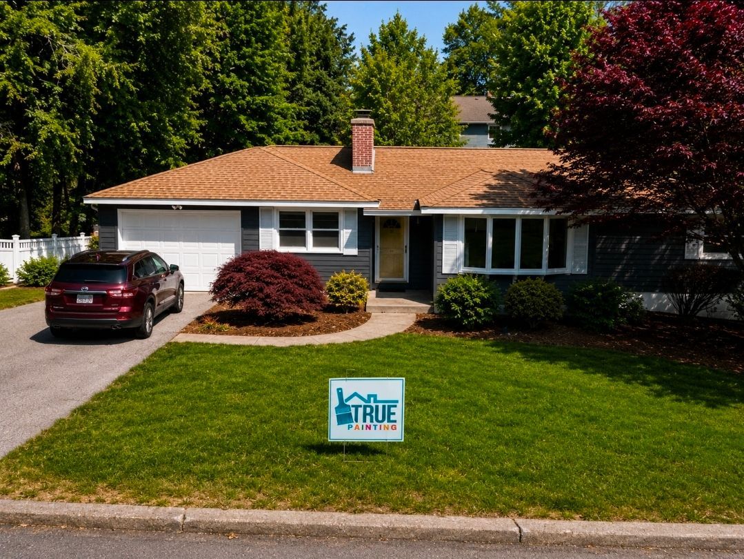 Suburban house with a red car, green lawn, and a lawn sign in front