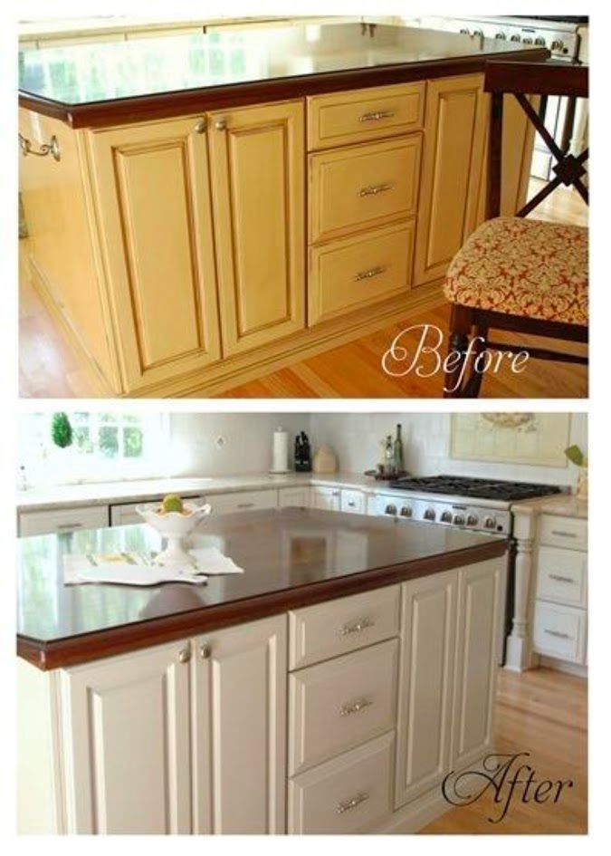 Before-and-after kitchen island makeover: worn wood cabinets changed to white with dark countertop.