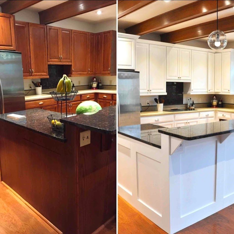 Before-and-after kitchen remodel: dark wood cabinets replaced with white cabinets and granite island.