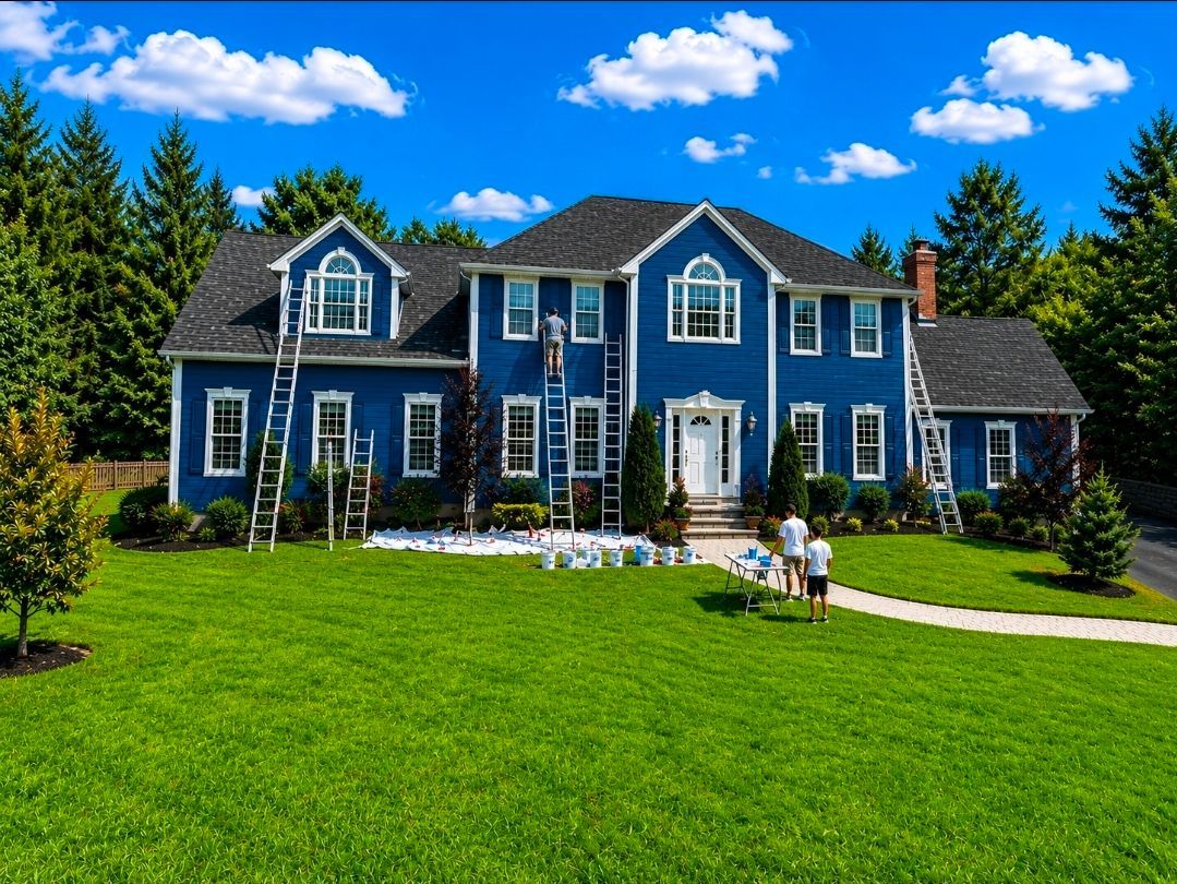 Blue house with white trim on a large green lawn under a bright blue sky