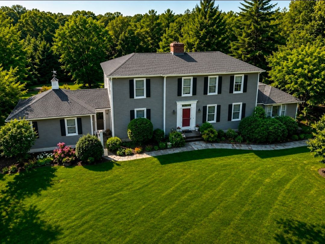 Suburban two-story gray house with white trim and red door, fronted by a large green lawn and trees