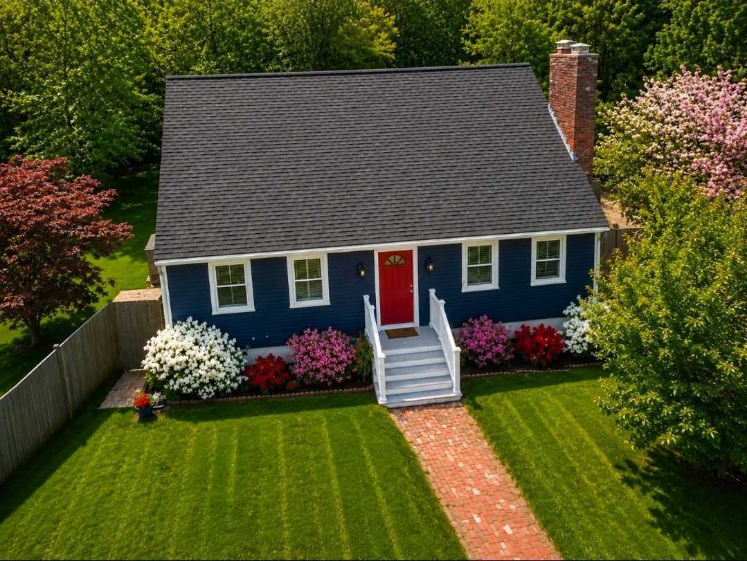 Blue house with red door, white trim, and a front lawn with a brick walkway and blooming shrubs.