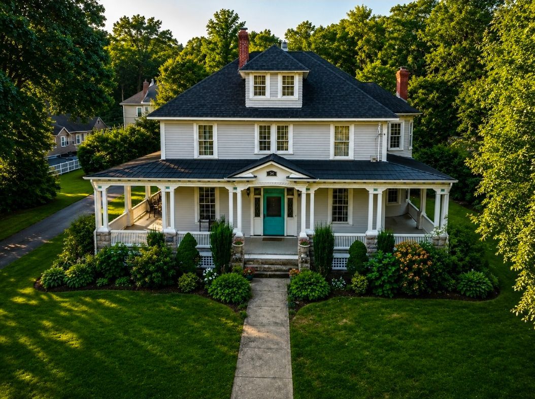 Large gray house with a wraparound porch, teal front door, and a stone path leading through a green lawn.