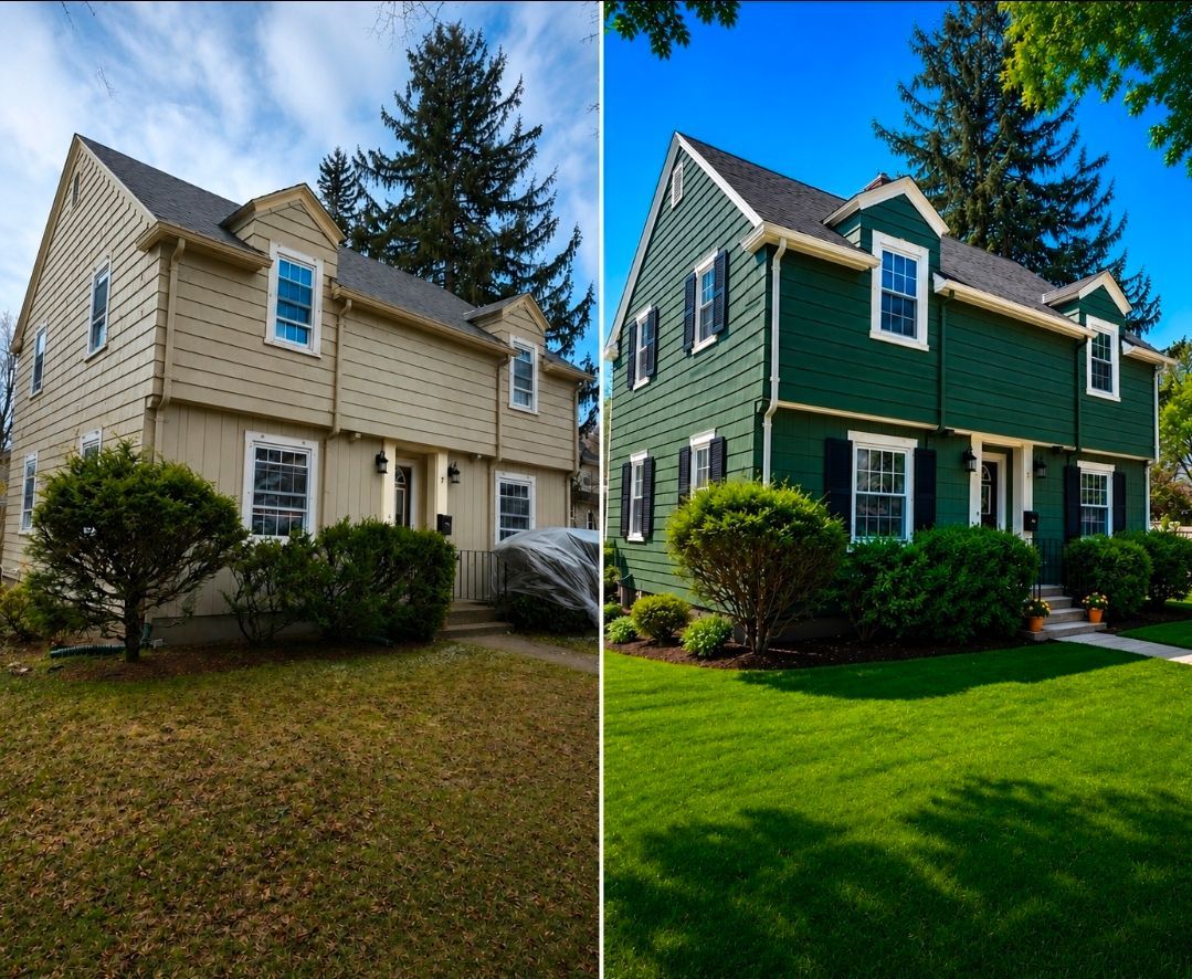 Split-view of a beige house and the same house painted green with a bright lawn.