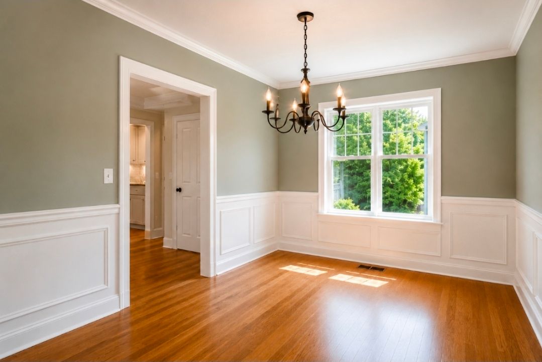 Empty dining room with hardwood floors, white wainscoting, chandelier, and a window overlooking greenery