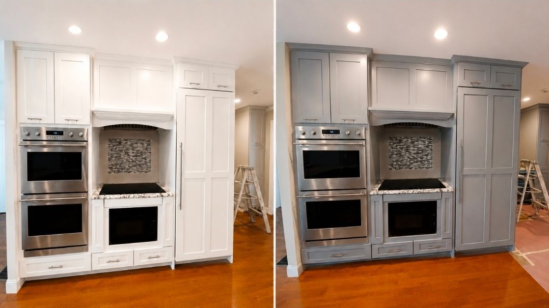 Side-by-side white and gray built-in kitchen oven ranges with cabinets in a home kitchen.