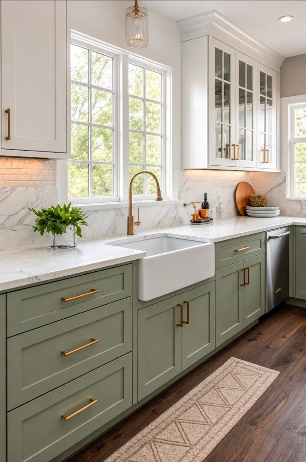 Bright kitchen with sage cabinets, white countertop, farmhouse sink, brass faucet, and window over the sink.
