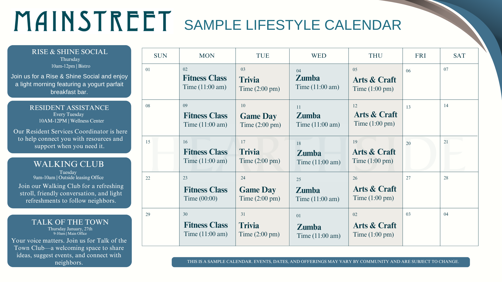 Heathside sample lifestyle calendar with blue sidebar and a weekly planning grid