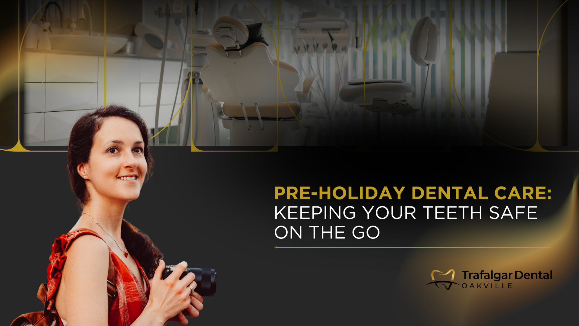 Woman smiling in dental office setting with text:
