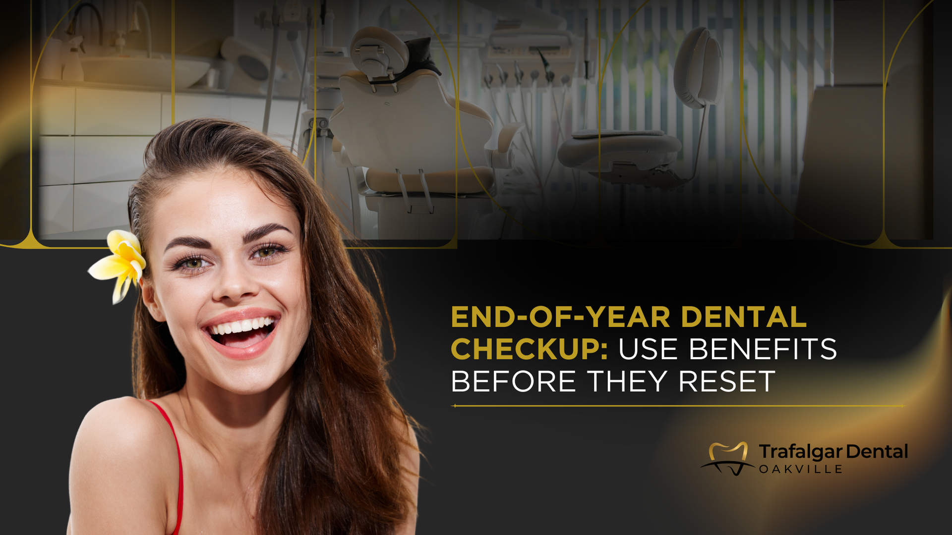 Woman smiling, dental office background.