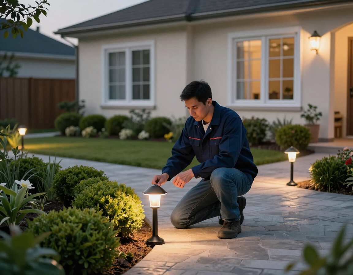 A person kneels beside lit garden path lights outside a suburban house at dusk.