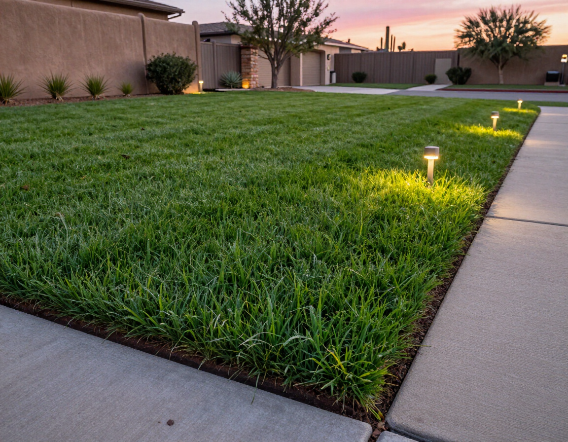 Lit green lawn beside a concrete sidewalk, with small landscape lights and stucco buildings at dusk