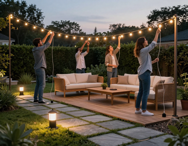 People string lights over an outdoor patio with wicker sofas at dusk.