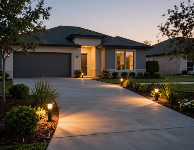 Modern single-story house at dusk with lit front walkway and garage driveway