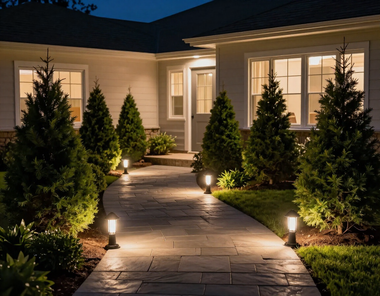 Well-lit stone walkway leading to a house entrance, lined with evergreen shrubs at dusk.