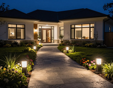 Well-lit modern house at dusk with a lit stone walkway and landscaped front garden