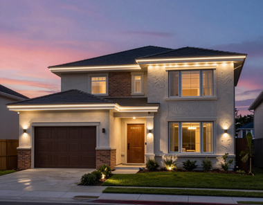 Modern two-story house with warm exterior lights and a garage at dusk