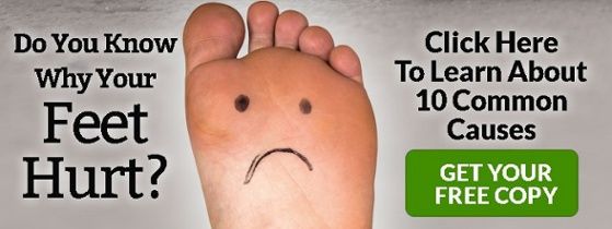 Foot sole with pain mark and text: “Do You Know Why Your Feet Hurt? Click Here to Learn About 10 Common Causes.”