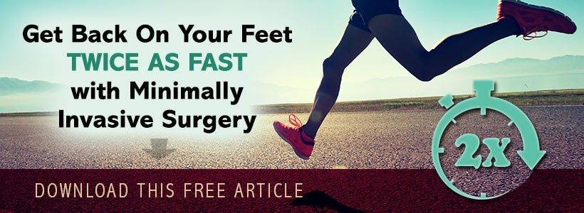 Ad for minimally invasive surgery: “Get Back On Your Feet Twice As Fast” with 2x icon on teal background