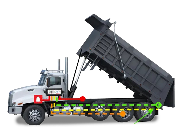 A dump truck with a red arrow pointing to it