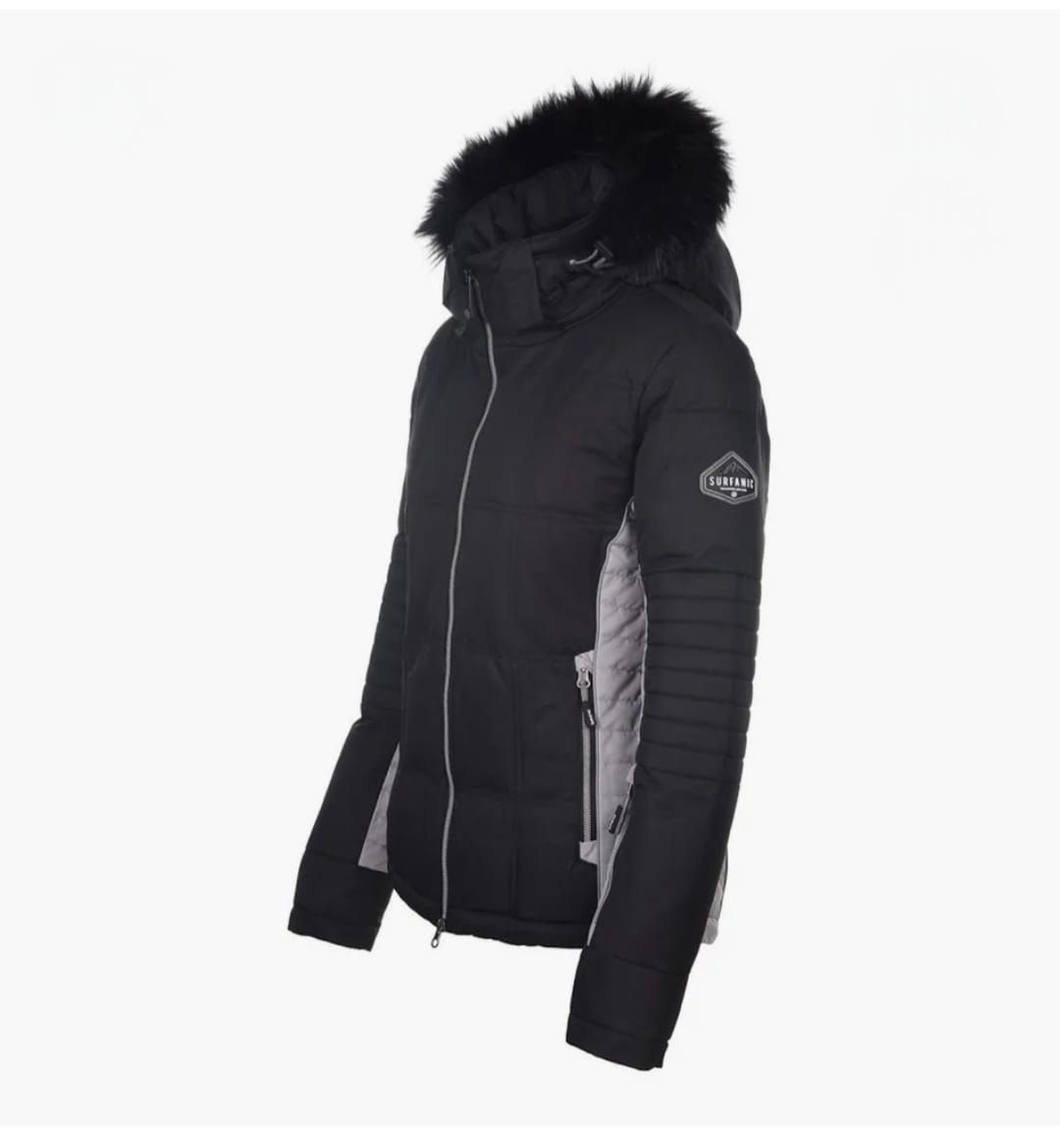 Chaqueta de invierno negra y gris con capucha forrada de piel.