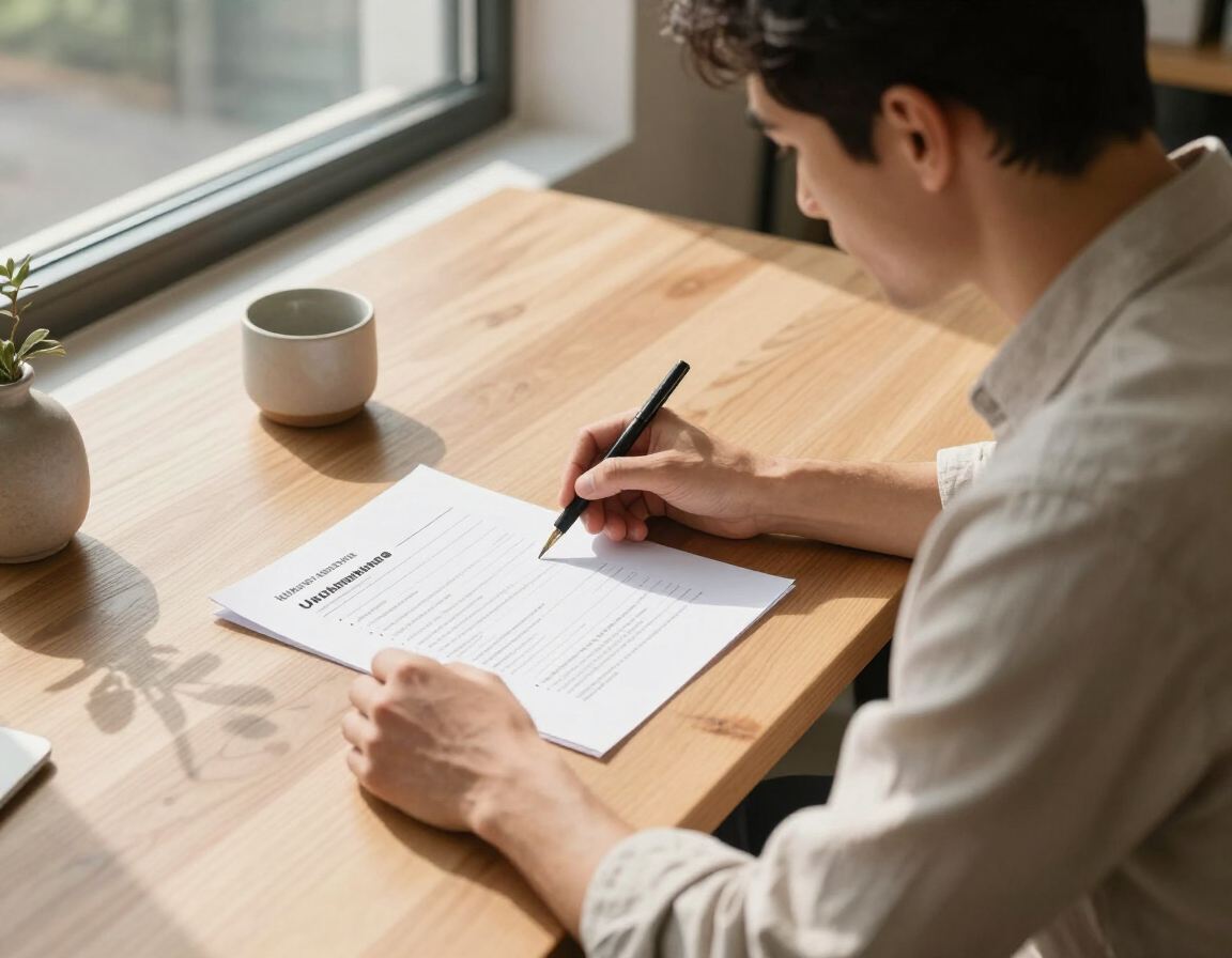 Person writing on a document at a sunlit wooden desk beside a window, with a mug nearby