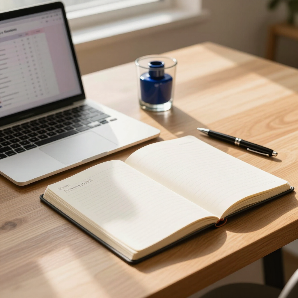 Two women review colorful planning notes at a desk with laptops in a bright office