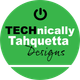 Green circular TECHnically Tahquetta Designs logo with black power icon and white divider line