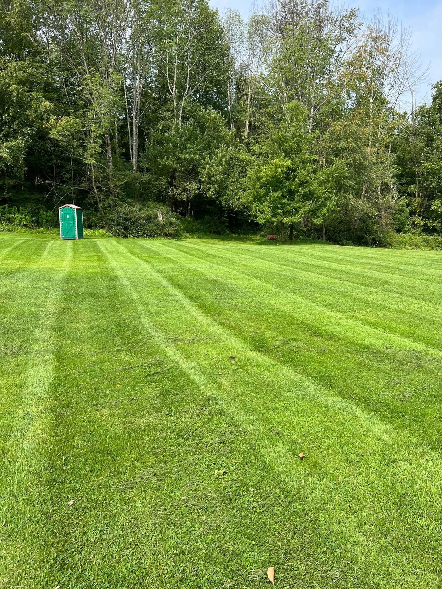 Mowed green lawn with curved grass tracks beside a tree line and a blue portable toilet.