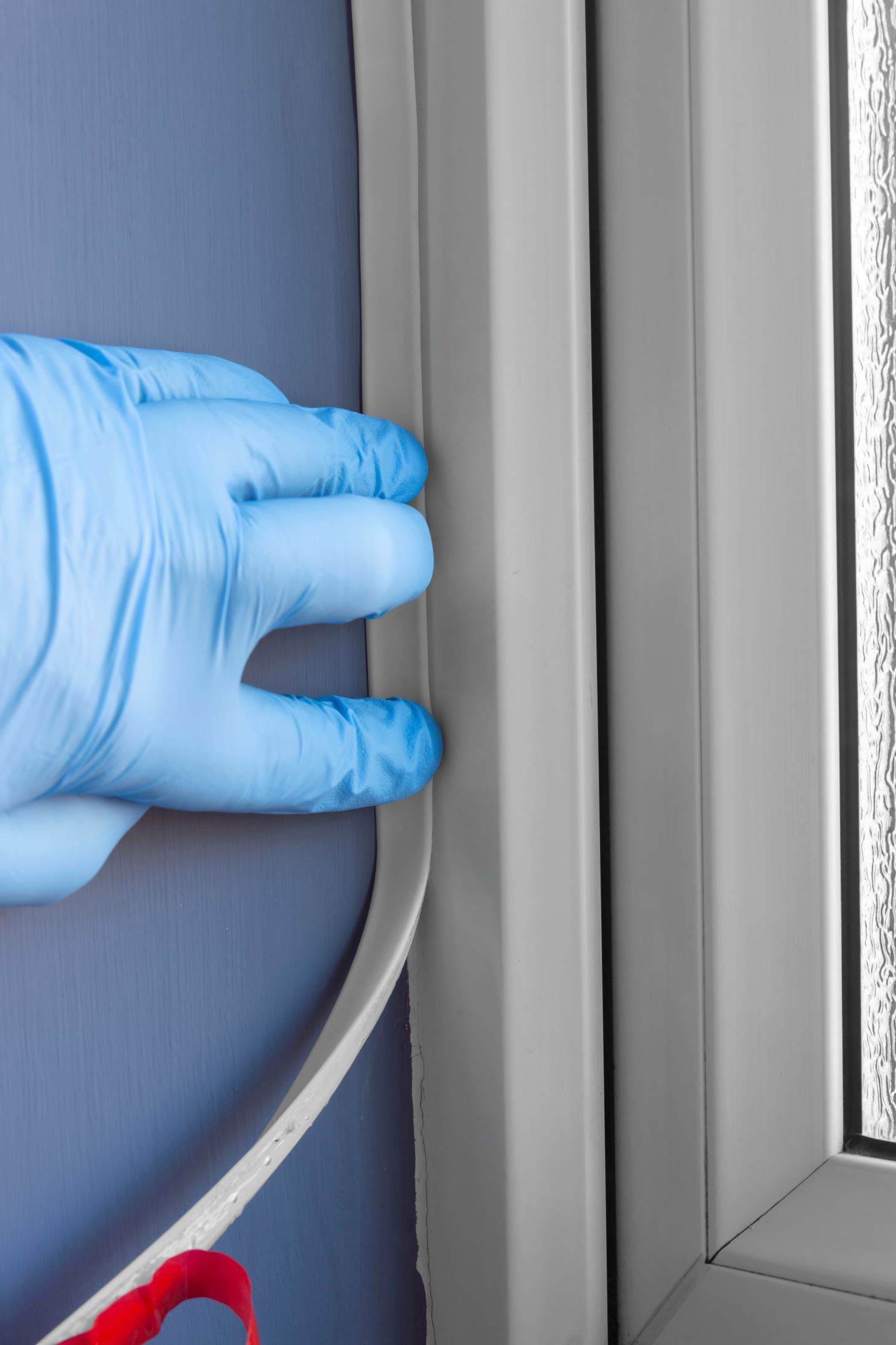 A Person Wearing Blue Gloves Is Holding A Pair Of Scissors Next To A Window