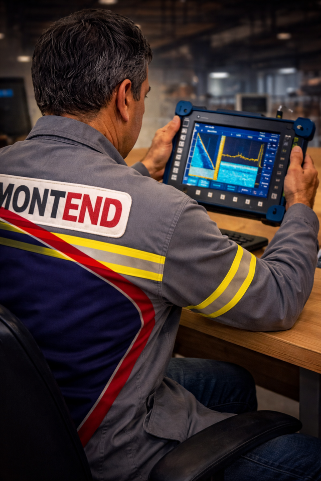 Trabalhador de uniforme cinza com tablet exibindo gráficos, analisando dados em ambiente industrial.