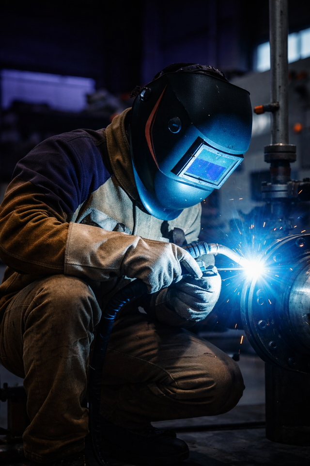 Soldador com equipamento de proteção individual, soldando metal com luz azul brilhante em um ambiente de oficina.