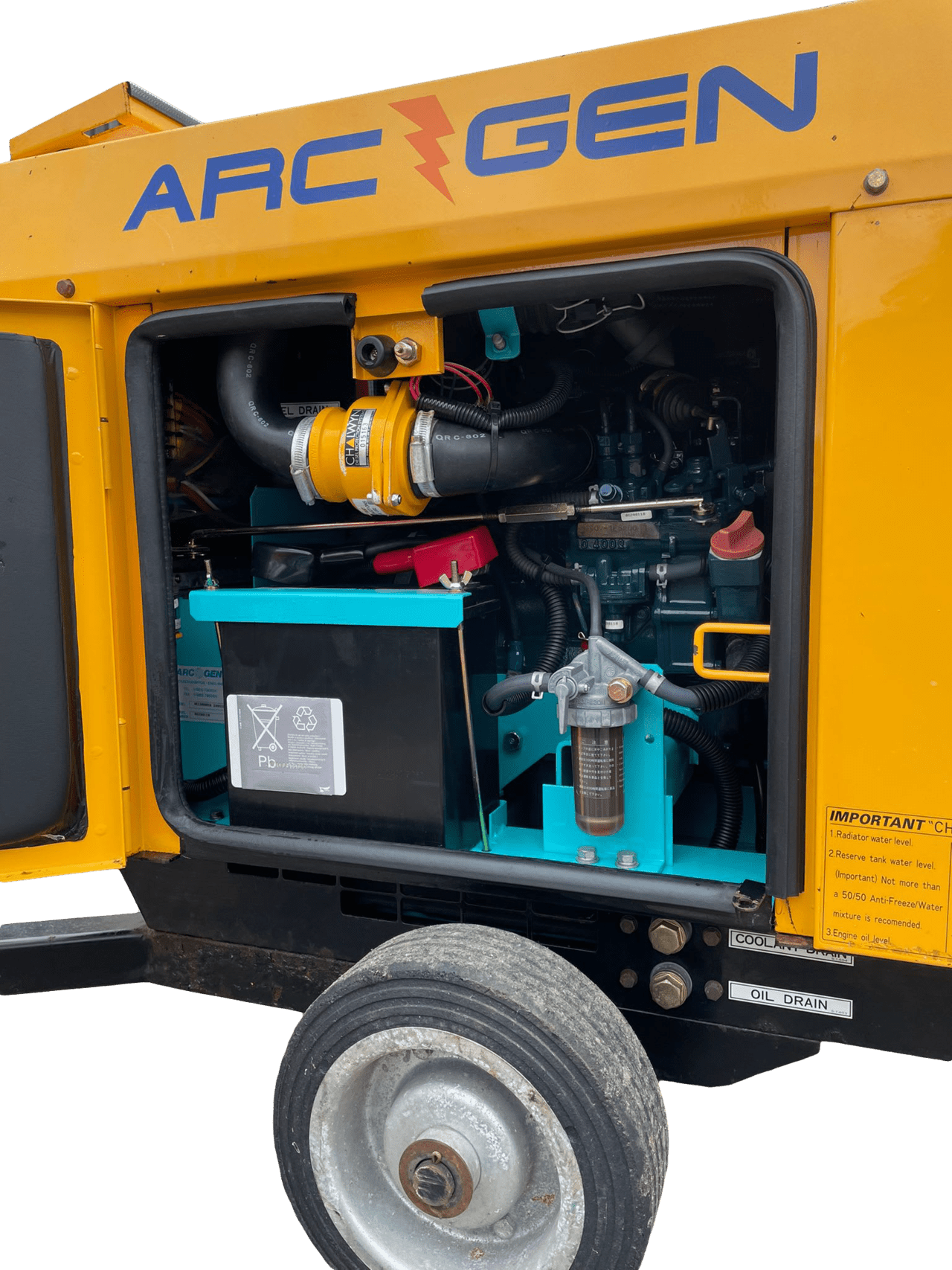 A yellow generator with the door open and the engine visible.