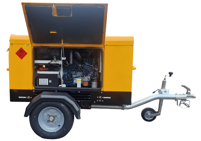 A yellow and black trailer with the door open