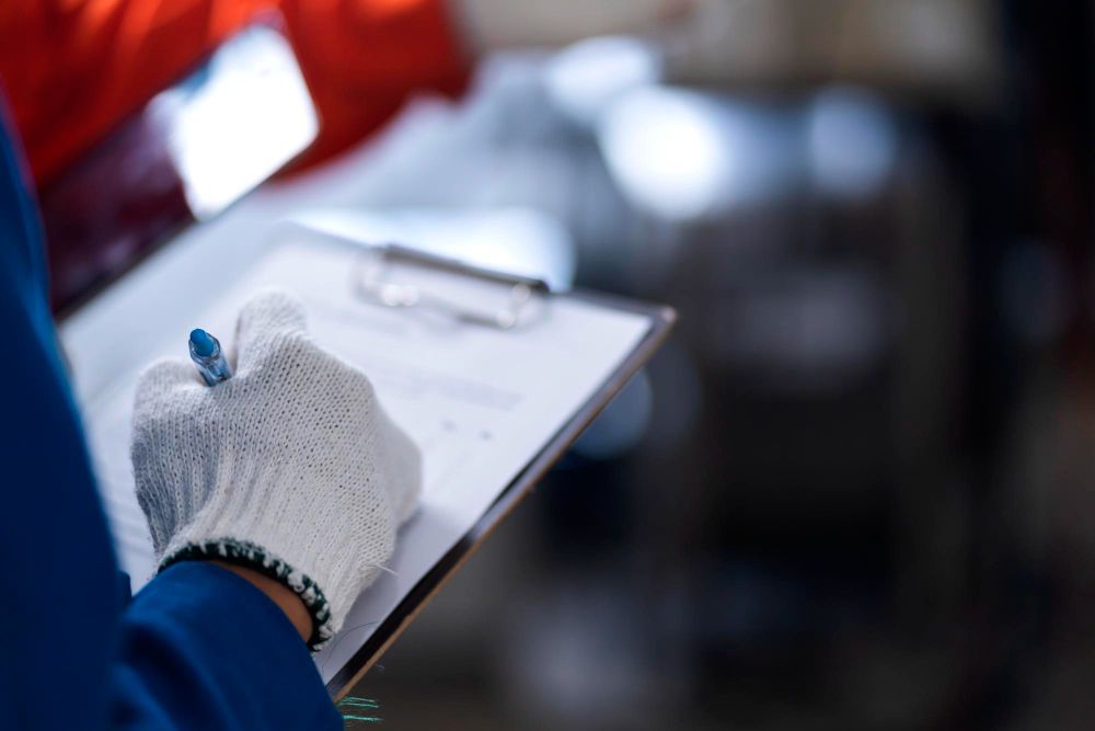 A person wearing gloves is writing on a clipboard.