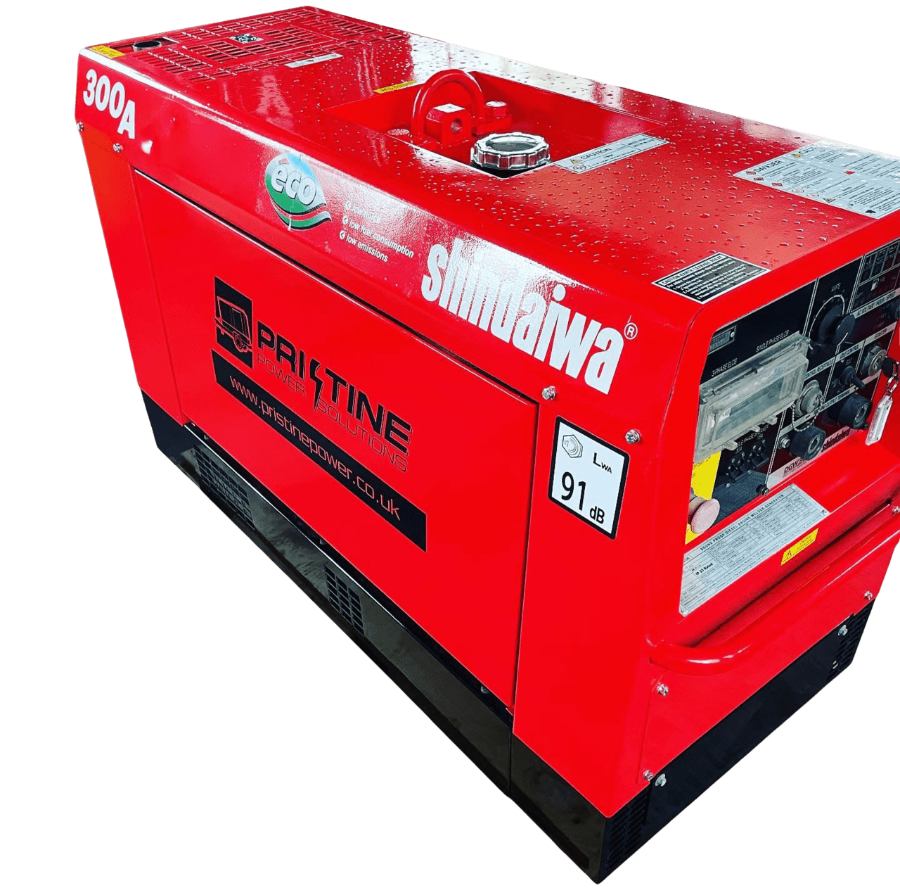 A red machine with the word pristine on it