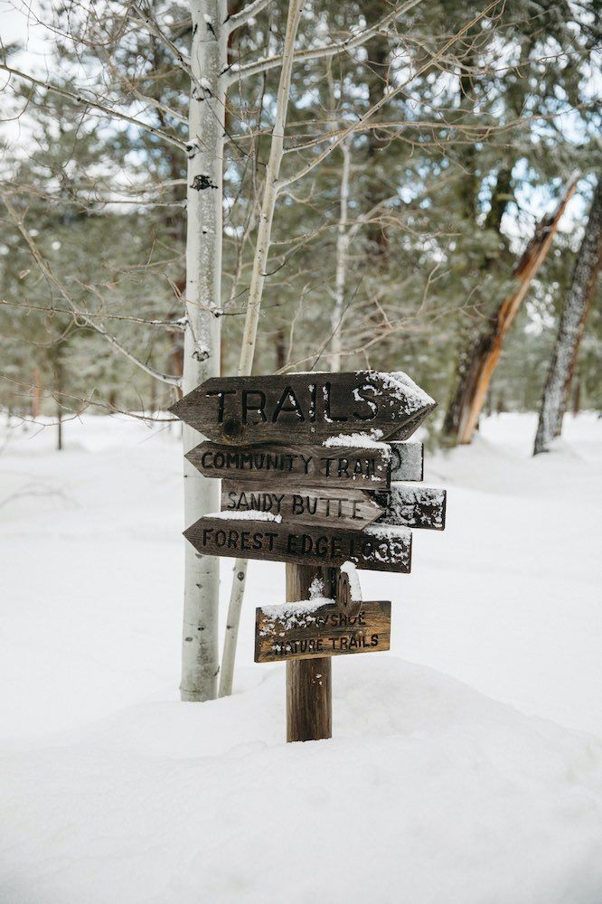 A wooden sign in the middle of a snowy forest.
