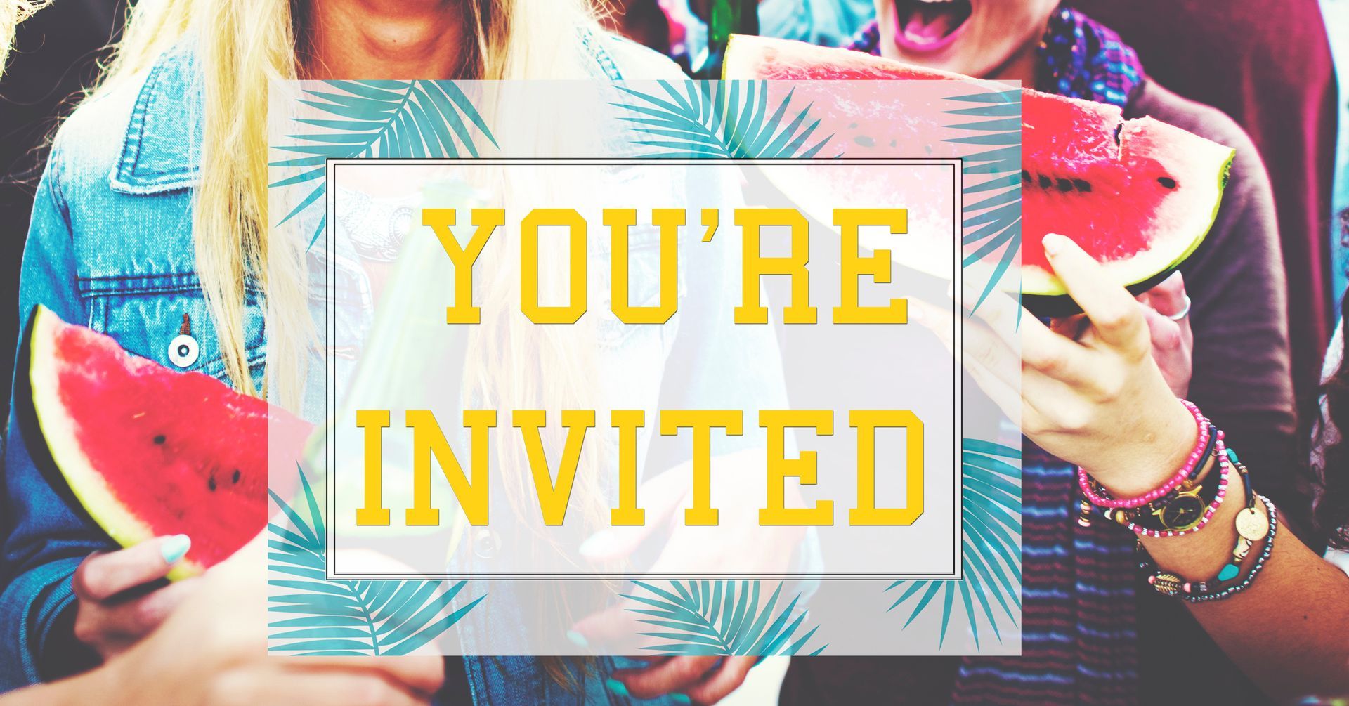 Colorful invitation card with bold yellow “YOU’RE INVITED” text held in front of a group of people