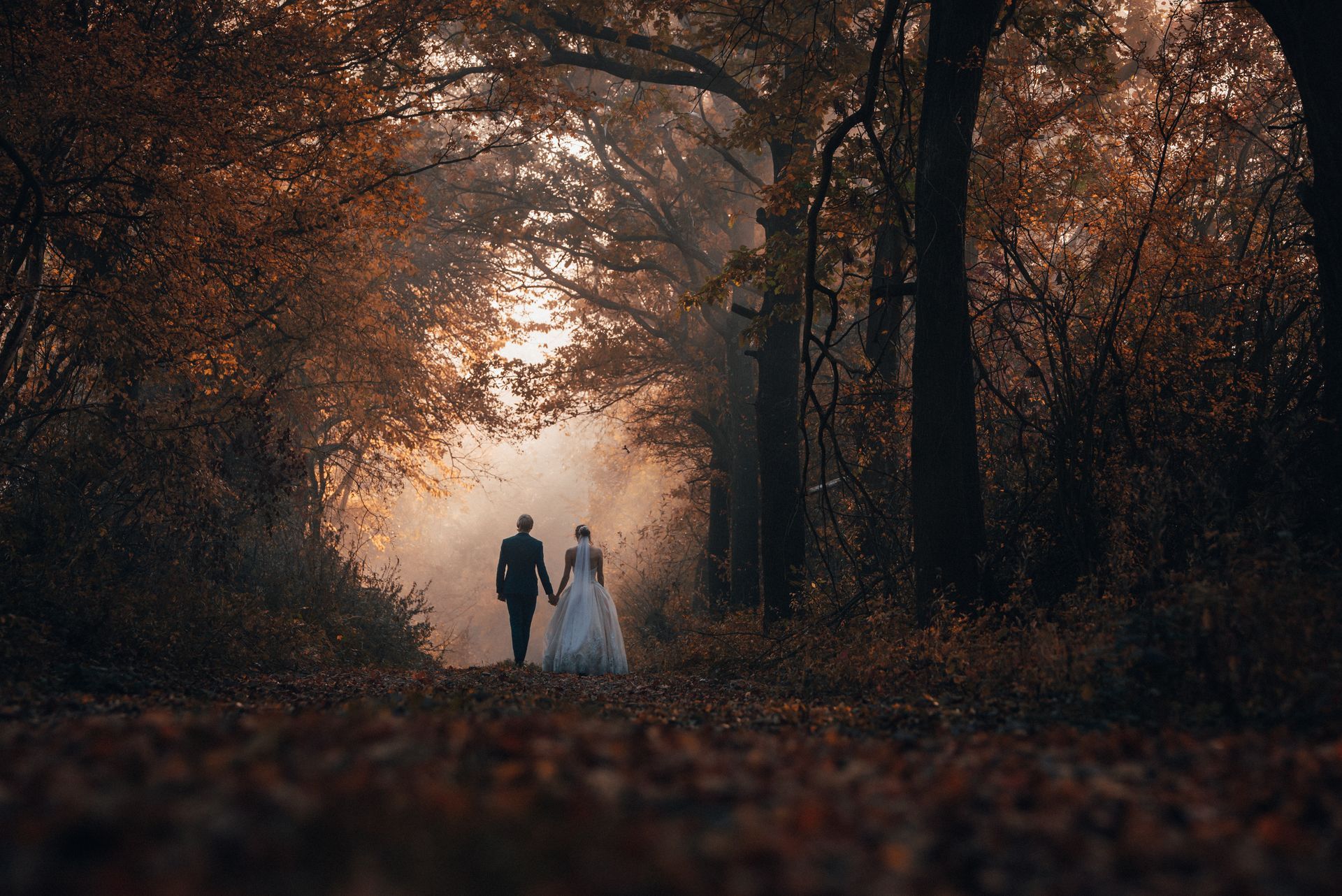Couple in wedding attire walking hand in hand through a misty autumn forest path
