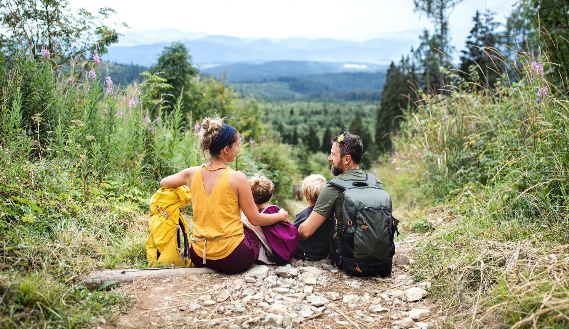 Family of four seated on a trail, looking at a scenic forest view.