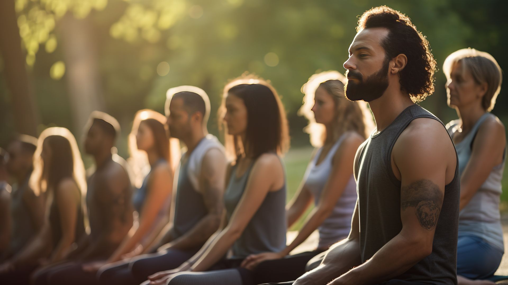 A group of people are sitting in a row meditating in a park.