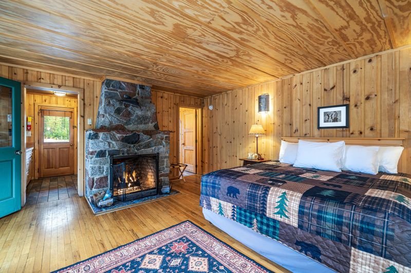 A bedroom with a bed , fireplace and rug.