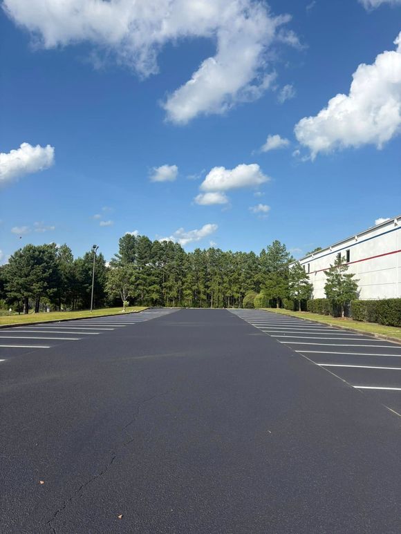Empty parking spots marked with white lines in a paved parking lot bordered by small green bushes. Empty parking spots marked with white lines in a paved parking lot bordered by small green bushes.