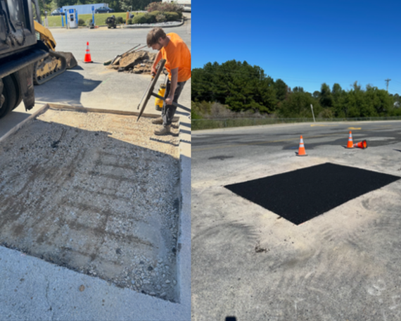 A construction site showing a patch of worn, broken asphalt next to a grassy roadside with parked vehicles and equipment. A construction site showing a patch of worn, broken asphalt next to a grassy roadside with parked vehicles and equipment.